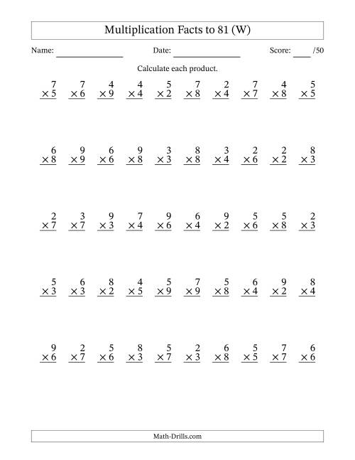 The Multiplication Facts to 81 (50 Questions) (No Zeros or Ones) (W) Math Worksheet