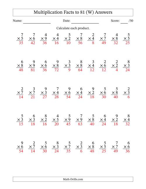 The Multiplication Facts to 81 (50 Questions) (No Zeros or Ones) (W) Math Worksheet Page 2