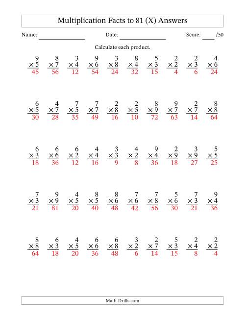The Multiplication Facts to 81 (50 Questions) (No Zeros or Ones) (X) Math Worksheet Page 2