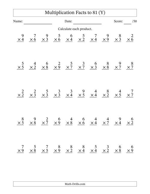 The Multiplication Facts to 81 (50 Questions) (No Zeros or Ones) (Y) Math Worksheet