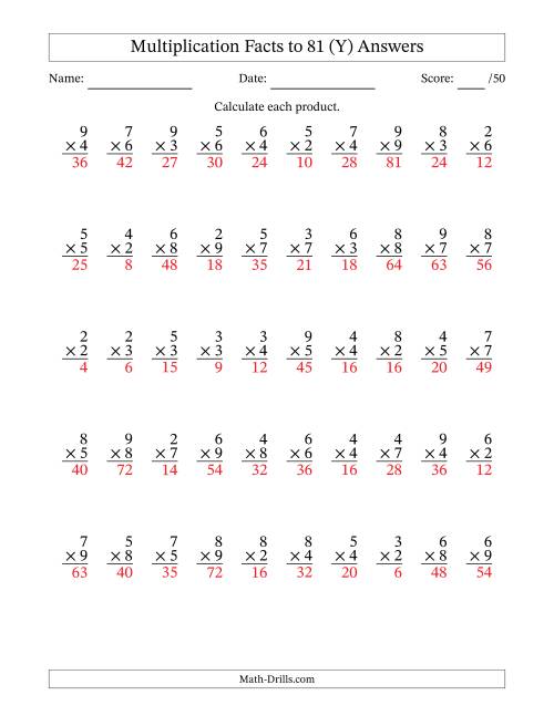 The Multiplication Facts to 81 (50 Questions) (No Zeros or Ones) (Y) Math Worksheet Page 2