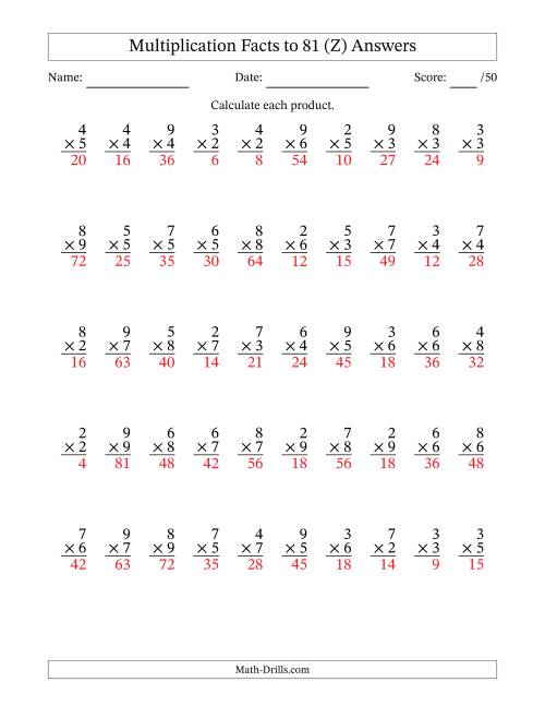 The Multiplication Facts to 81 (50 Questions) (No Zeros or Ones) (Z) Math Worksheet Page 2