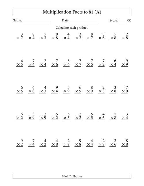 The Multiplication Facts to 81 (50 Questions) (No Zeros or Ones) (All) Math Worksheet