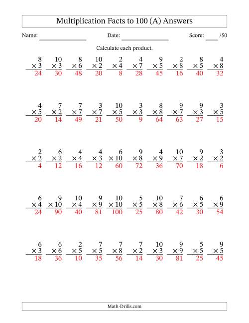 The Multiplication Facts to 100 (50 Questions) (No Zeros or Ones) (A) Math Worksheet Page 2