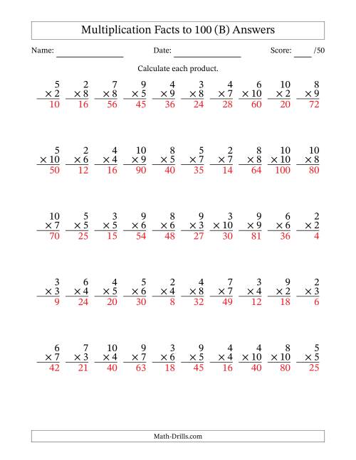 The Multiplication Facts to 100 (50 Questions) (No Zeros or Ones) (B) Math Worksheet Page 2