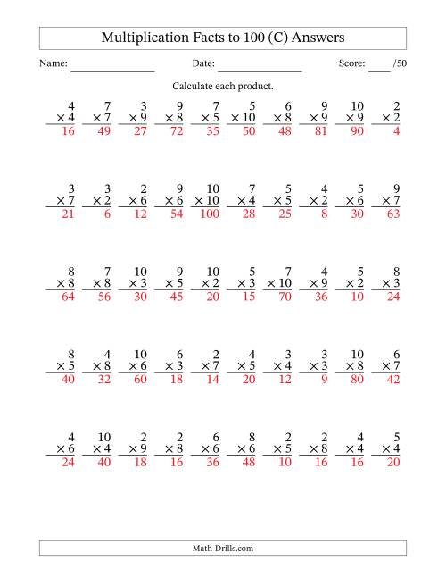 The Multiplication Facts to 100 (50 Questions) (No Zeros or Ones) (C) Math Worksheet Page 2
