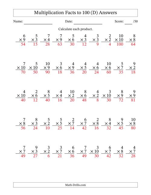 The Multiplication Facts to 100 (50 Questions) (No Zeros or Ones) (D) Math Worksheet Page 2