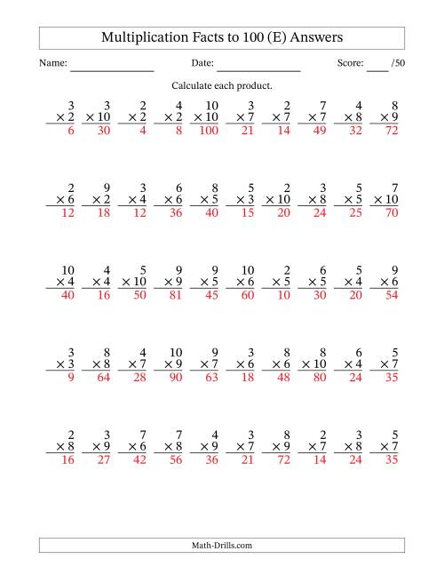 The Multiplication Facts to 100 (50 Questions) (No Zeros or Ones) (E) Math Worksheet Page 2