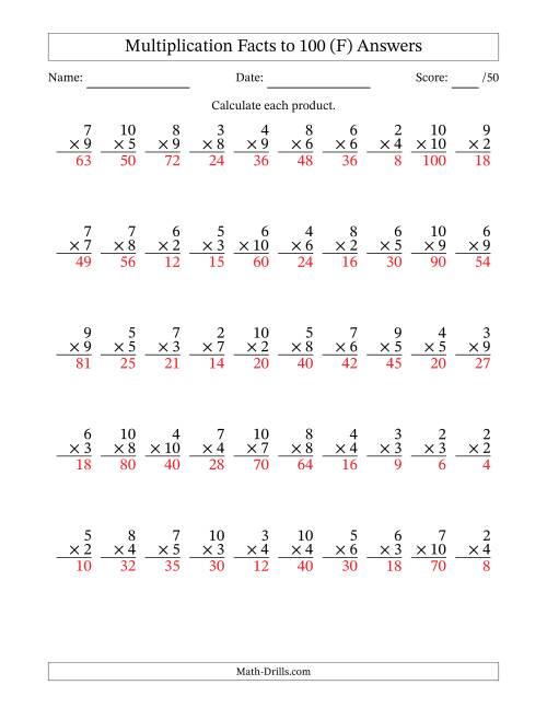 The Multiplication Facts to 100 (50 Questions) (No Zeros or Ones) (F) Math Worksheet Page 2
