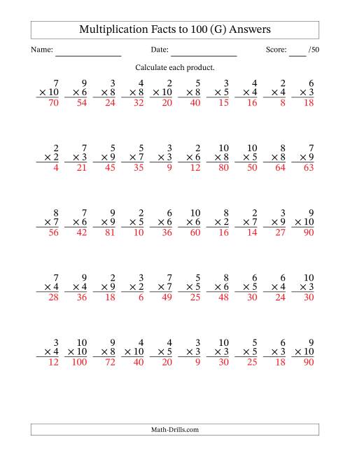 The Multiplication Facts to 100 (50 Questions) (No Zeros or Ones) (G) Math Worksheet Page 2