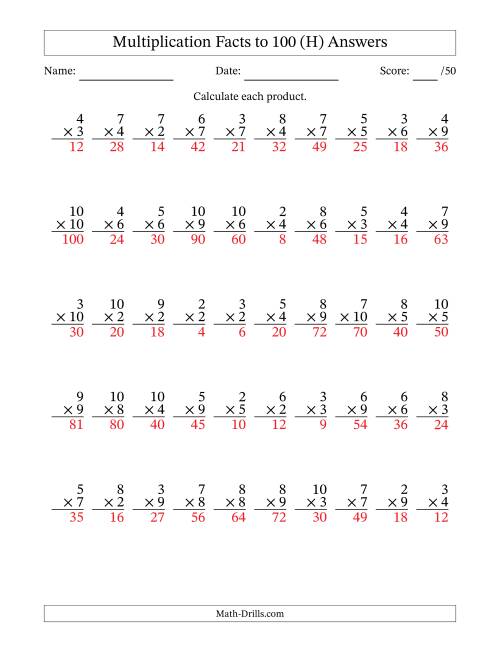 The Multiplication Facts to 100 (50 Questions) (No Zeros or Ones) (H) Math Worksheet Page 2