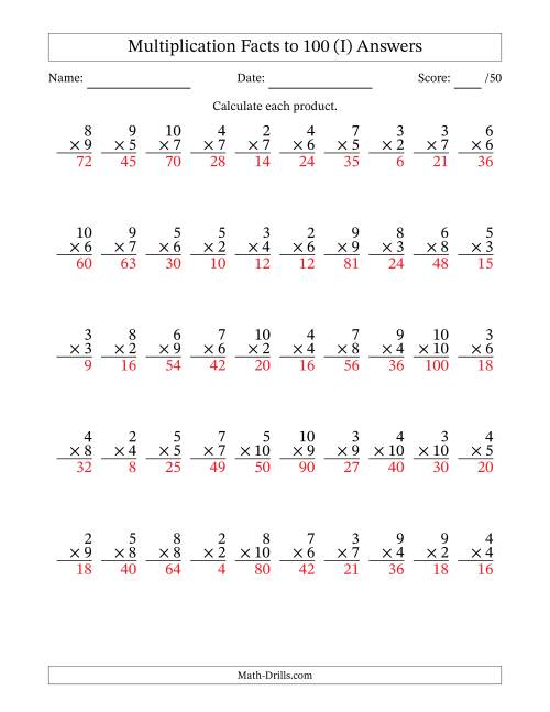 The Multiplication Facts to 100 (50 Questions) (No Zeros or Ones) (I) Math Worksheet Page 2