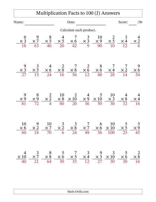 The Multiplication Facts to 100 (50 Questions) (No Zeros or Ones) (J) Math Worksheet Page 2