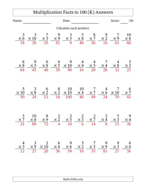 The Multiplication Facts to 100 (50 Questions) (No Zeros or Ones) (K) Math Worksheet Page 2