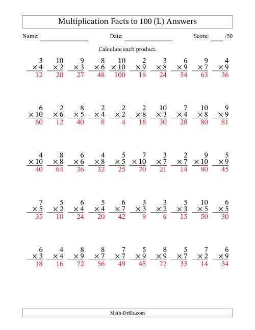 The Multiplication Facts to 100 (50 Questions) (No Zeros or Ones) (L) Math Worksheet Page 2
