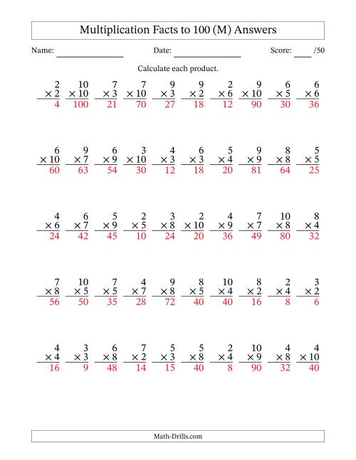 The Multiplication Facts to 100 (50 Questions) (No Zeros or Ones) (M) Math Worksheet Page 2