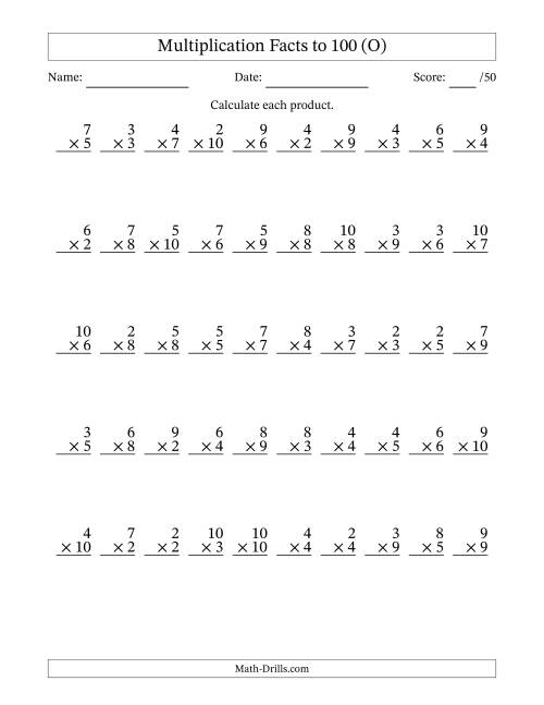 The Multiplication Facts to 100 (50 Questions) (No Zeros or Ones) (O) Math Worksheet