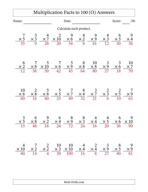 The Multiplication Facts to 100 (50 Questions) (No Zeros or Ones) (O) Math Worksheet Page 2