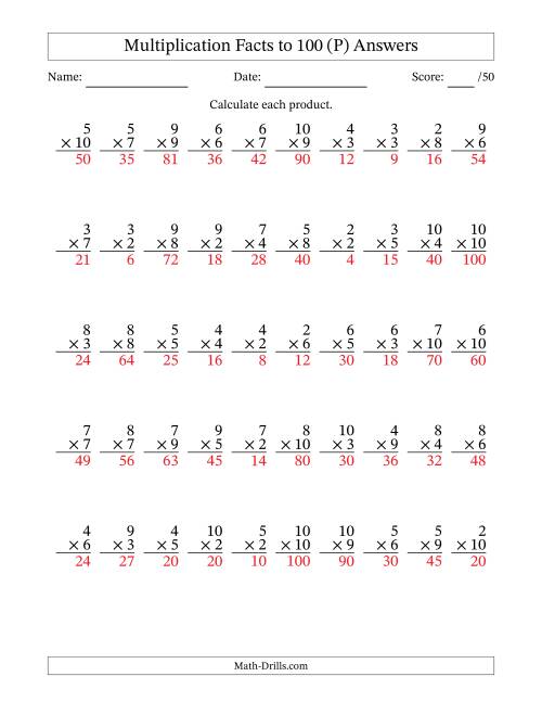The Multiplication Facts to 100 (50 Questions) (No Zeros or Ones) (P) Math Worksheet Page 2