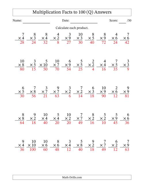 The Multiplication Facts to 100 (50 Questions) (No Zeros or Ones) (Q) Math Worksheet Page 2