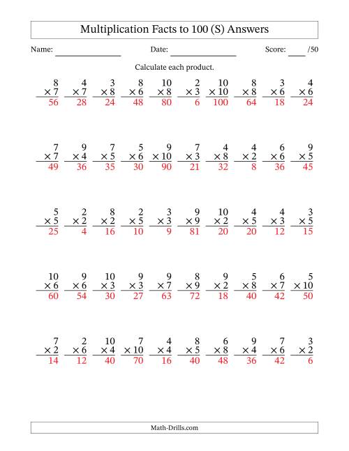 The Multiplication Facts to 100 (50 Questions) (No Zeros or Ones) (S) Math Worksheet Page 2