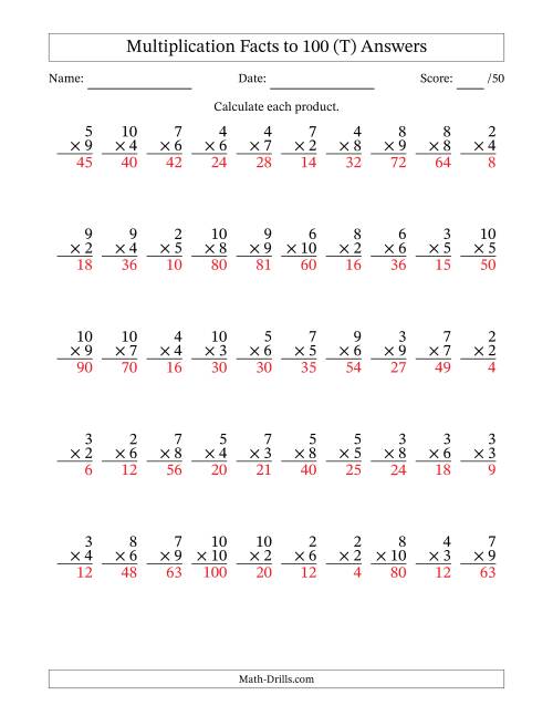 The Multiplication Facts to 100 (50 Questions) (No Zeros or Ones) (T) Math Worksheet Page 2