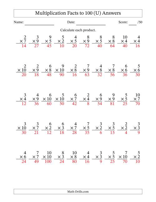 The Multiplication Facts to 100 (50 Questions) (No Zeros or Ones) (U) Math Worksheet Page 2