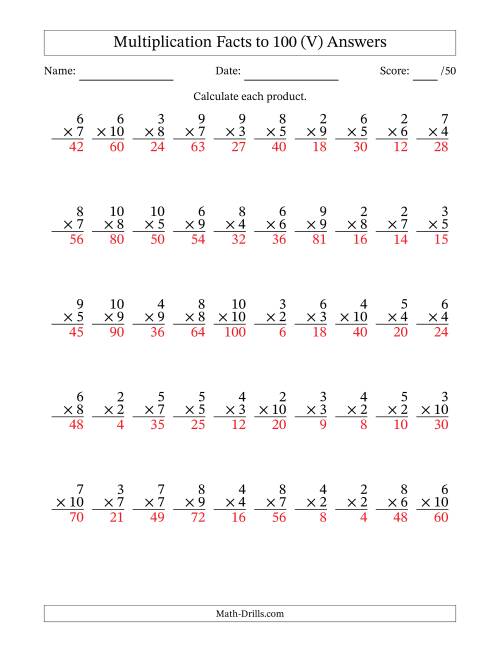 The Multiplication Facts to 100 (50 Questions) (No Zeros or Ones) (V) Math Worksheet Page 2