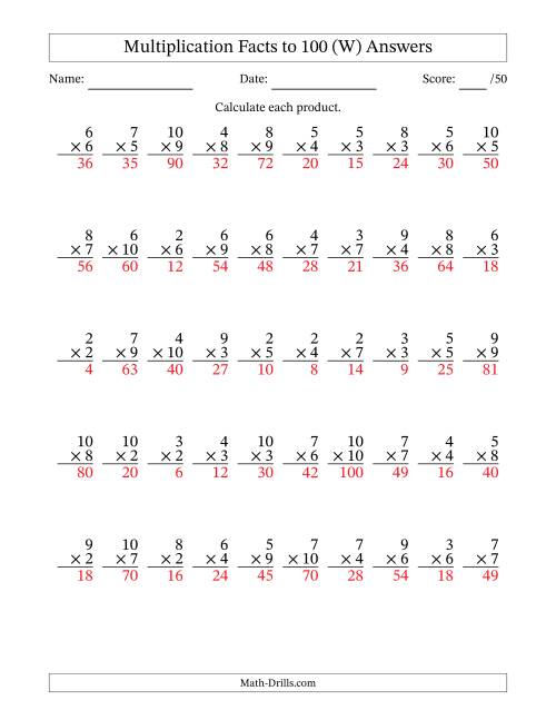 The Multiplication Facts to 100 (50 Questions) (No Zeros or Ones) (W) Math Worksheet Page 2