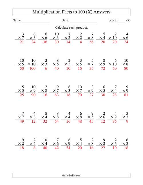 The Multiplication Facts to 100 (50 Questions) (No Zeros or Ones) (X) Math Worksheet Page 2