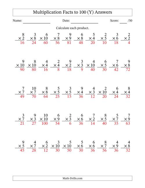 The Multiplication Facts to 100 (50 Questions) (No Zeros or Ones) (Y) Math Worksheet Page 2