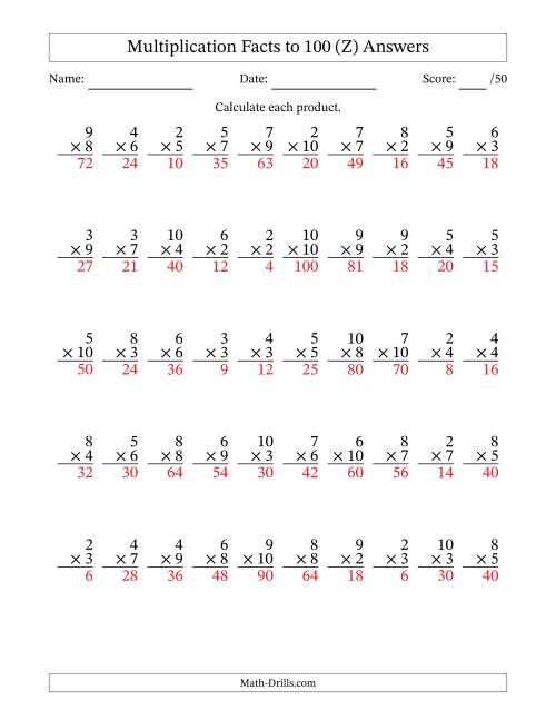 The Multiplication Facts to 100 (50 Questions) (No Zeros or Ones) (Z) Math Worksheet Page 2