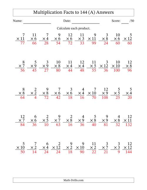 The Multiplication Facts to 144 (50 Questions) (No Zeros or Ones) (A) Math Worksheet Page 2