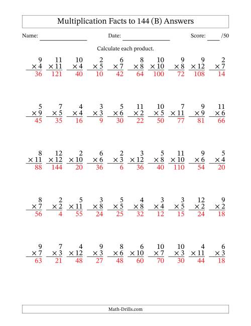 The Multiplication Facts to 144 (50 Questions) (No Zeros or Ones) (B) Math Worksheet Page 2