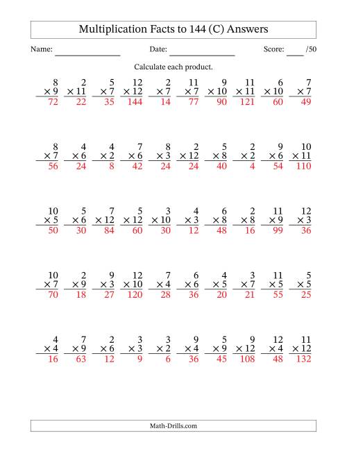 The Multiplication Facts to 144 (50 Questions) (No Zeros or Ones) (C) Math Worksheet Page 2