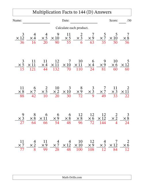 The Multiplication Facts to 144 (50 Questions) (No Zeros or Ones) (D) Math Worksheet Page 2
