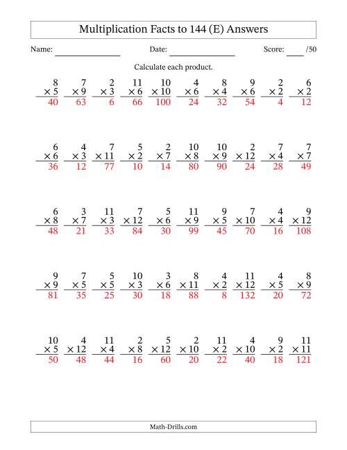 The Multiplication Facts to 144 (50 Questions) (No Zeros or Ones) (E) Math Worksheet Page 2