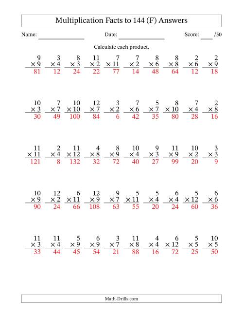 The Multiplication Facts to 144 (50 Questions) (No Zeros or Ones) (F) Math Worksheet Page 2