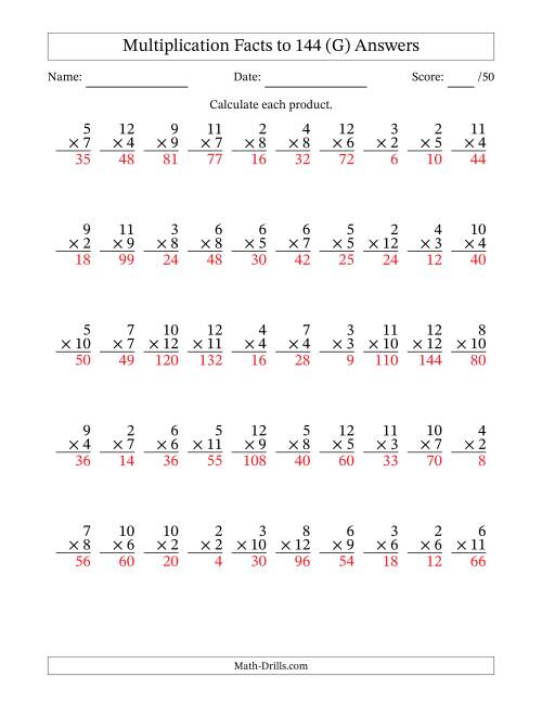The Multiplication Facts to 144 (50 Questions) (No Zeros or Ones) (G) Math Worksheet Page 2