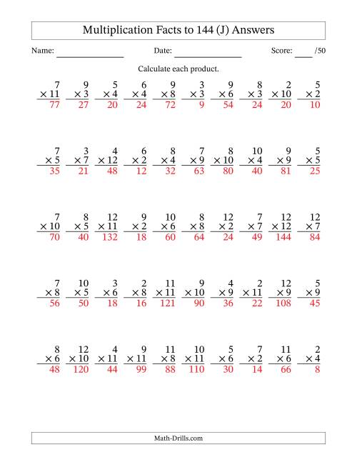 The Multiplication Facts to 144 (50 Questions) (No Zeros or Ones) (J) Math Worksheet Page 2