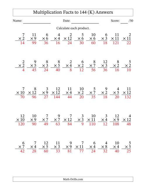 The Multiplication Facts to 144 (50 Questions) (No Zeros or Ones) (K) Math Worksheet Page 2