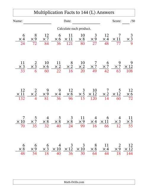 The Multiplication Facts to 144 (50 Questions) (No Zeros or Ones) (L) Math Worksheet Page 2