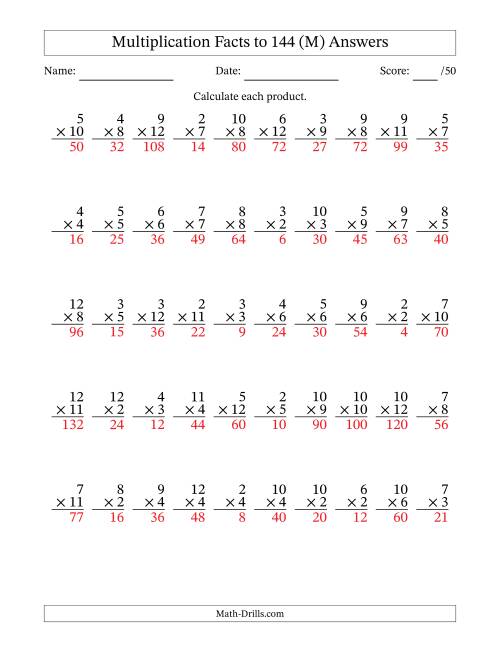 The Multiplication Facts to 144 (50 Questions) (No Zeros or Ones) (M) Math Worksheet Page 2