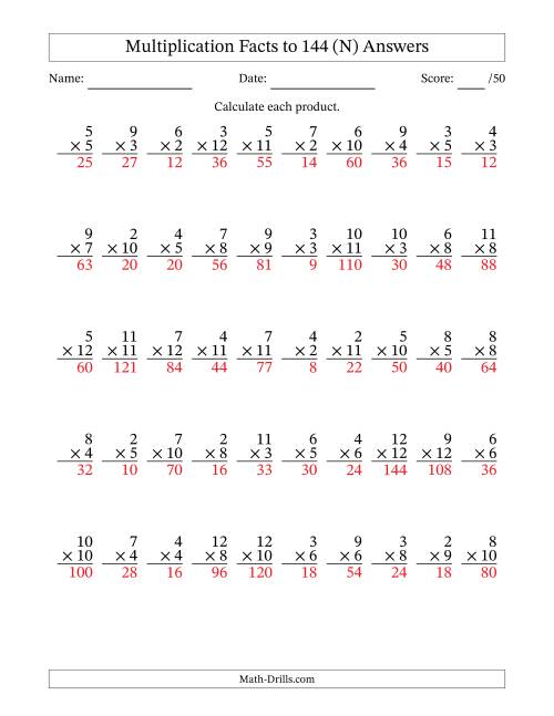 The Multiplication Facts to 144 (50 Questions) (No Zeros or Ones) (N) Math Worksheet Page 2