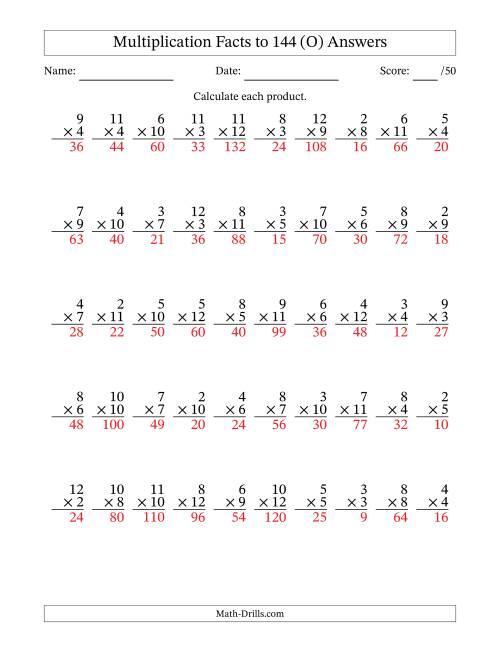 The Multiplication Facts to 144 (50 Questions) (No Zeros or Ones) (O) Math Worksheet Page 2