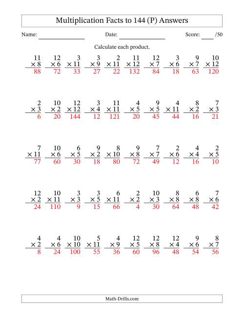 The Multiplication Facts to 144 (50 Questions) (No Zeros or Ones) (P) Math Worksheet Page 2