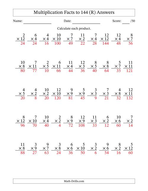 The Multiplication Facts to 144 (50 Questions) (No Zeros or Ones) (R) Math Worksheet Page 2