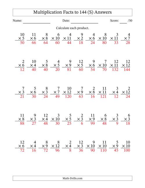 The Multiplication Facts to 144 (50 Questions) (No Zeros or Ones) (S) Math Worksheet Page 2