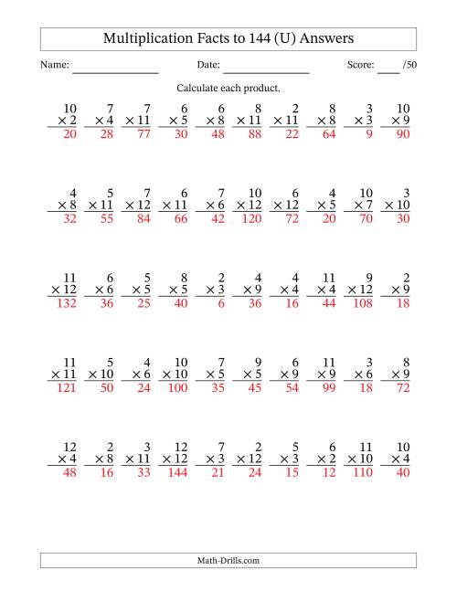 The Multiplication Facts to 144 (50 Questions) (No Zeros or Ones) (U) Math Worksheet Page 2