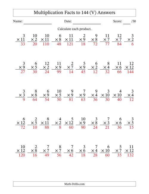 The Multiplication Facts to 144 (50 Questions) (No Zeros or Ones) (V) Math Worksheet Page 2
